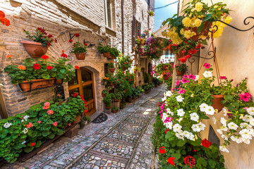 Floral street in central Italy, in the small Umbrian medieval to - 93056710