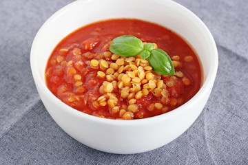 Tomato and lentil cream soup.Selective focus