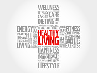 Healthy Living word cloud, health cross concept