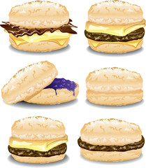 Illustration of six assorted breakfast biscuit sandwiches.  - obrazy, fototapety, plakaty