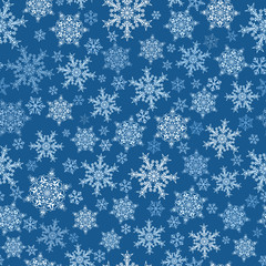 Seamless pattern of snowflakes, white on blue