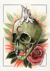 tattoo illustration green soul with candle and rose