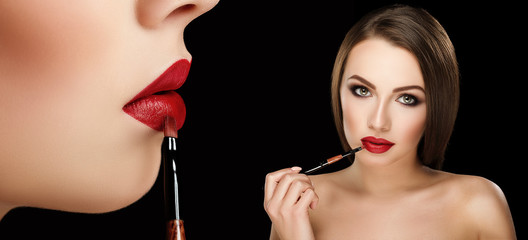 collage of young beautiful woman apply red lipstick on lips with closeup photo of lips with brush...