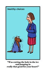 Business and medical cartoon, Healthy Choices, showing a woman saying to dog, 'Was cutting the hole in the ice and jumping in really that good for your heart?'.