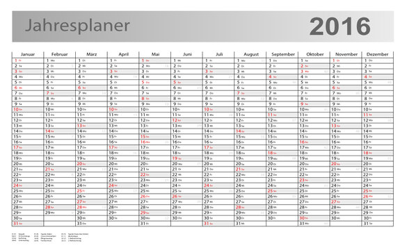 Jahresplaner 2016 grauer Hintergrund