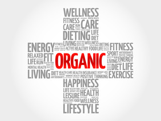 ORGANIC word cloud, health cross concept