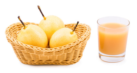 Pear and juice on a white background