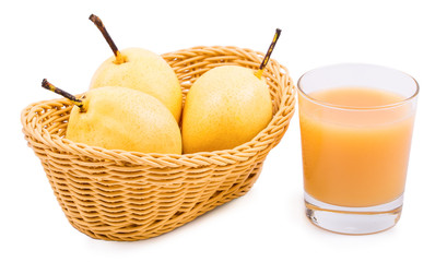 Pear and juice on a white background