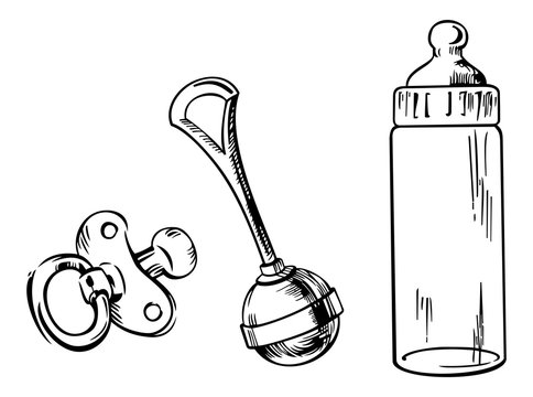 Outline image of baby bottle, soother and rattle isolated on a white background