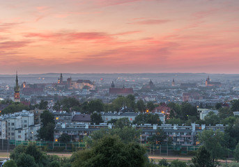 Evening panorama of Krakow old city, Poland, from Krakus Mound