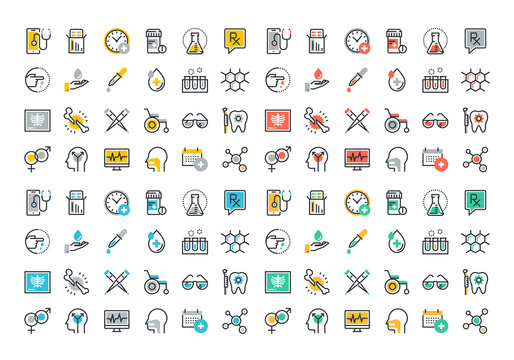 Flat line colorful icons collection of medicine theme, healthcare diagnosis and treatment, laboratory tests, medical supplies, medicines and equipment, biochemical and microbiological analysis