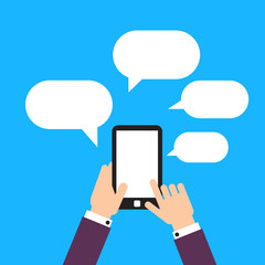 User hold mobile device, bubbles.  Flat design
