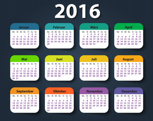 Calendar 2016 year German. Week starting on Monday