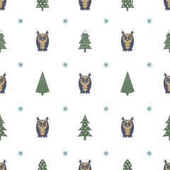 Winter forest pattern - Xmas trees, owls and snowflakes. Simple seamless nature background. Vector design for winter holidays. Child drawing style forest.