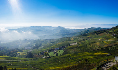Panoramic view of the Langhe vineyards and hills in autumn