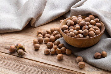 Hazelnuts on wooden table