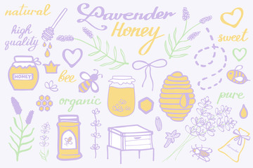 Lavender honey set. Hand-drawn cartoon collection - flowers, jars, calligraphy, floral elements. Doodle drawing.