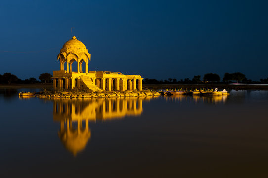 Illuminated building at Gadsisar Lake, Jaisalmer, Rajastan, India