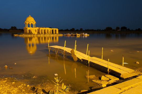 Illuminated building at Gadsisar Lake, Jaisalmer, Rajastan, India