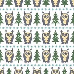 Fotobehang Winter forest pattern - Xmas trees, owls and snowflakes. Simple seamless nature background. Vector design for winter holidays on white background. Child drawing style forest. © in_dies_magis