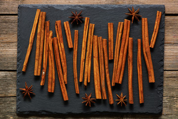 Cinnamon sticks on slate