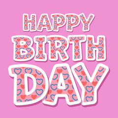 Happy birthday vector card with flirty heart font on pink background
