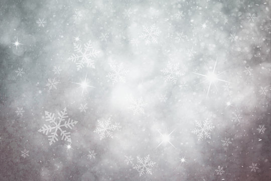 Grunge pastel silver color snowflake and sparkle illustration background. Dreamy winter snowfall copy space background. 