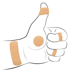 All right - thumbs up gesture with five adhesive plasters. Illustration on white background.