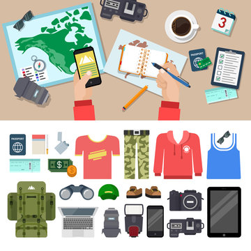 Flat vector travel blog icon set: hike, map, binocular, vacation