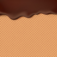 Flowing chocolate on wafer texture sweet food vector background