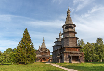 Old wooden rural Orthodox church in the museum of wooden architecture Vitoslavlitsy in the neighborhood Veliky Novgorod