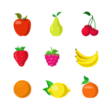 Fruit berry vector flat: apple cherry pear orange banana lemon