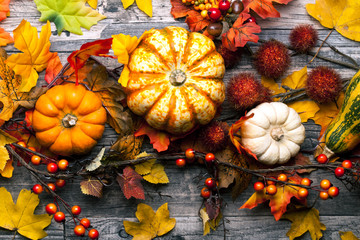 Herbst Hintergrund mit Herbst Blätter Herbstlaub und Kürbisse Halloween Deko