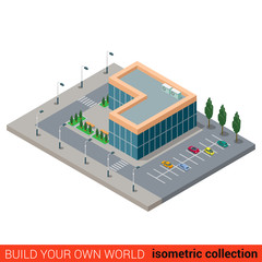 City office parking glass mall flat 3d isometric vector building