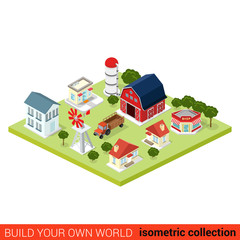 Countryside farm tractor windmill flat isometric vector building