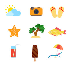Travel vacation beach holiday icons: weather camera palm sea