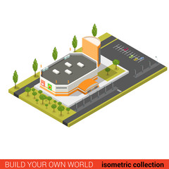 Flat 3d isometric supermarket mall sale building infographic