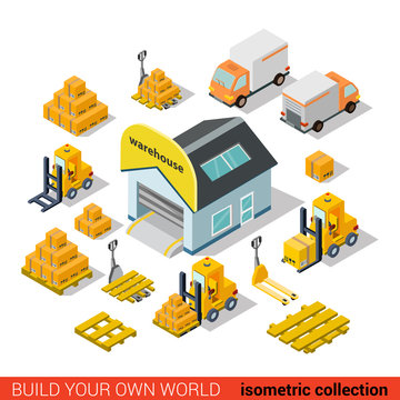 Flat isometric vector warehouse delivery transport infographic
