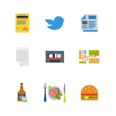 Flat vector restaurant tweet audio map whiskey burger web icons
