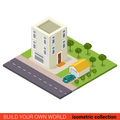 Three floor condominium hostel garage vector icometric building