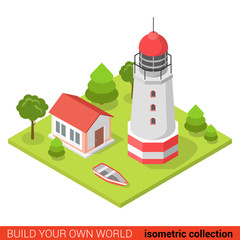 Flat 3d isometric vector lighthouse boat building