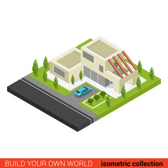 Flat 3d isometric family house car parking building infographics
