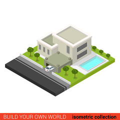 Flat 3d isometric privat family house backyard pool building