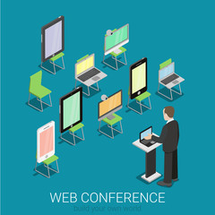 Online internet web conference flat 3d isometric: laptop tablet