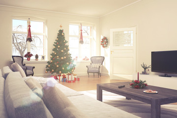 weihnachtlich dekoriertes Wohnzimmer im retro look