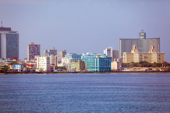 Skyline of modern Havana and Caribbean sea, Cuba