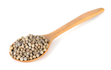 white peppercorn on wooden spoon on white background.