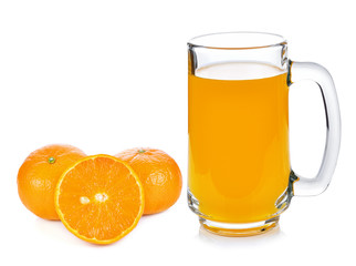 Orange juice and oranges on white background