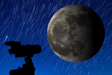 Silhouette of Telescope under the stars and Full moon.
