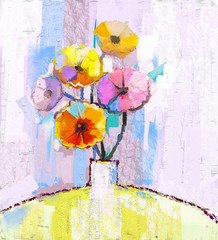 Abstract oil painting of spring flower. Still life of yellow, pink and red gerbera. Colorful Bouquet flowers in vase with light blue color background. Hand Painted floral modern Impressionist style